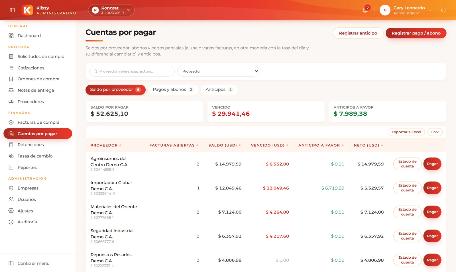 Cuentas por pagar con saldo por proveedor y botón de pago