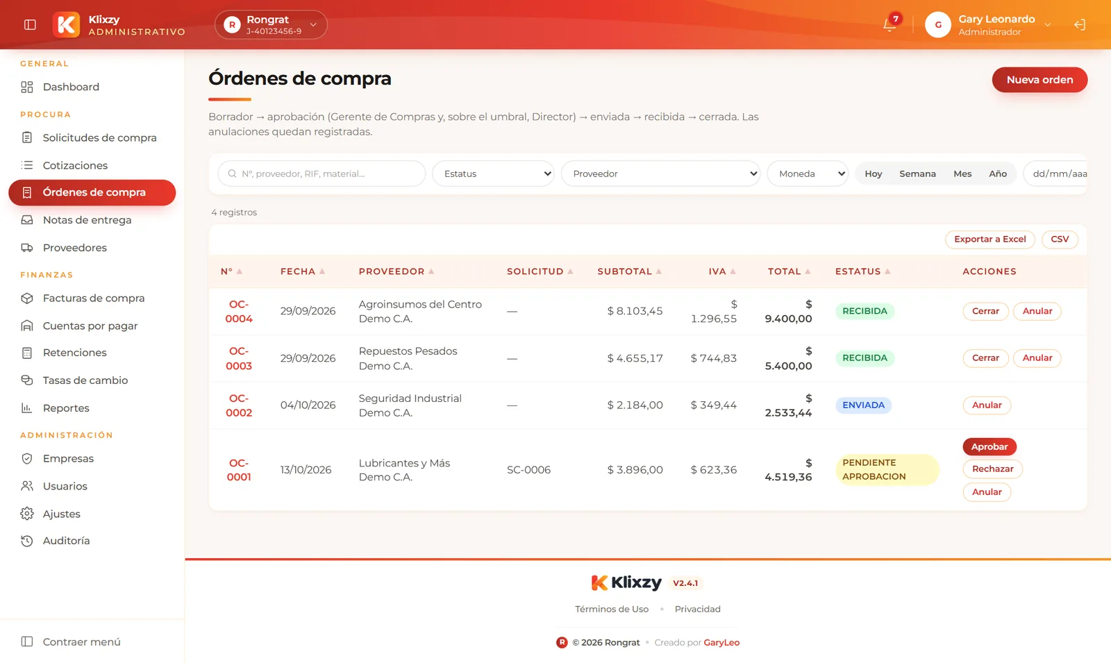 Listado de órdenes de compra con estatus, proveedor y montos