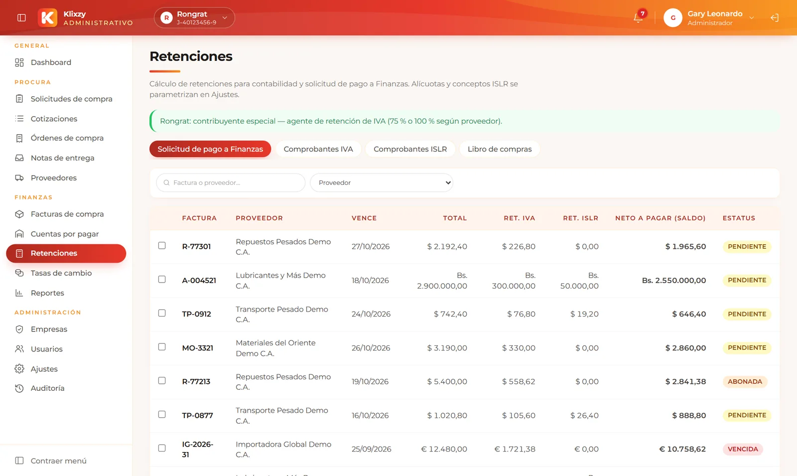Retenciones de IVA e ISLR por factura con comprobantes y libro de compras