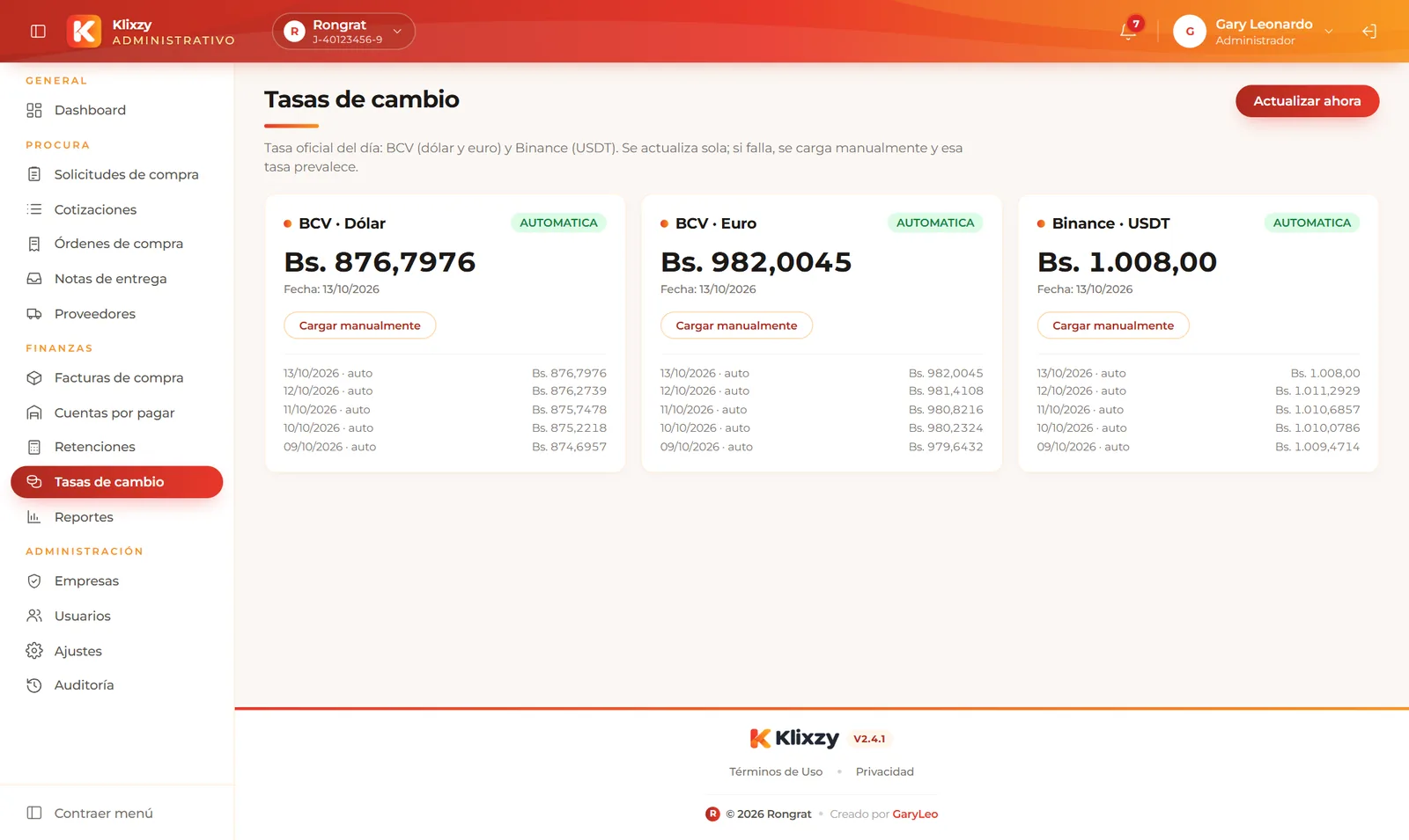 Tasas de cambio BCV dólar, BCV euro y Binance USDT con histórico